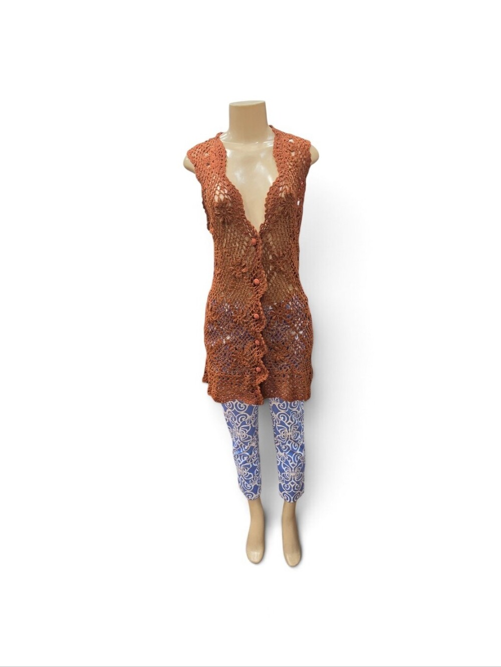 Vintage One Step Up Open Knit Crochet Sweater Vest OS Brown Boho Hippie Festival